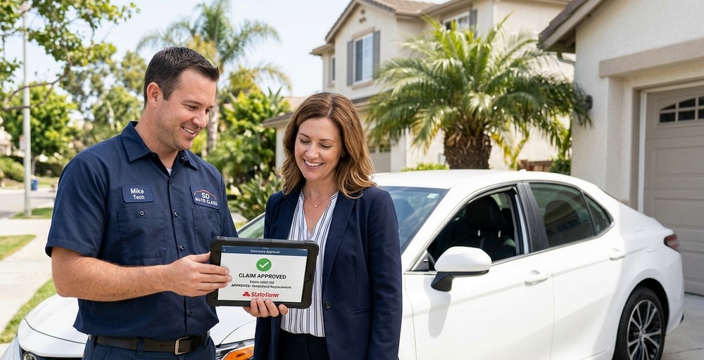 Auto glass technician confirming insurance coverage with San Diego homeowner before windshield replacement