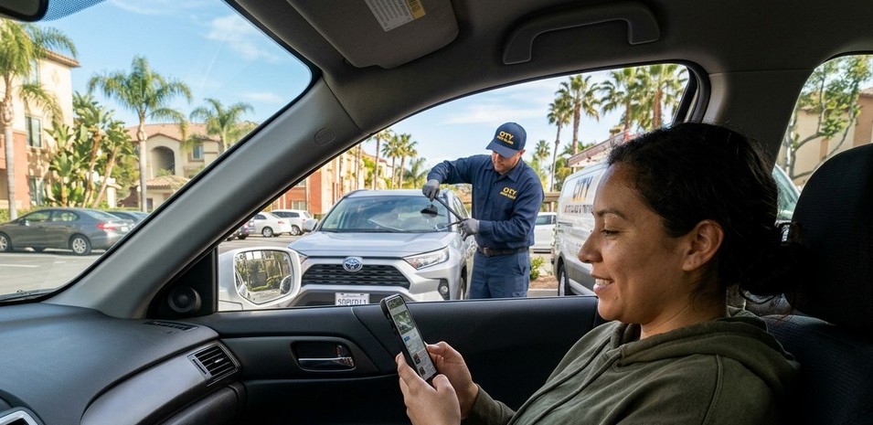 Mobile auto glass technician replacing windshield for rideshare driver parked in San Diego